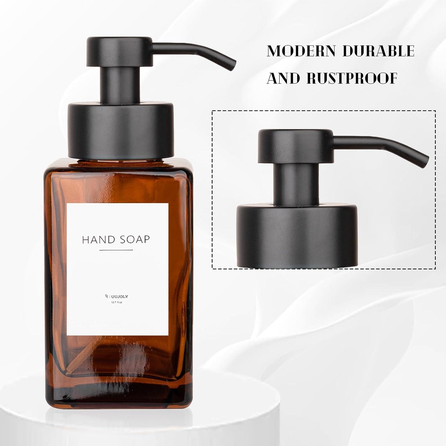 imageFoaming Soap Dispenser with Stainless Steel Pump 12oz Refillable Glass Liquid Dish Soap Bottles for Bathroom Kitchen Sink Home DecorCamber