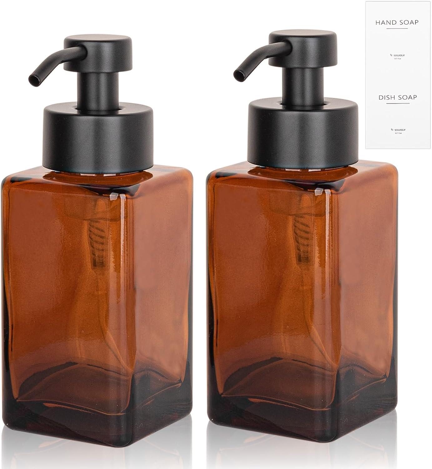 imageFoaming Soap Dispenser with Stainless Steel Pump 12oz Refillable Glass Liquid Dish Soap Bottles for Bathroom Kitchen Sink Home DecorCamber