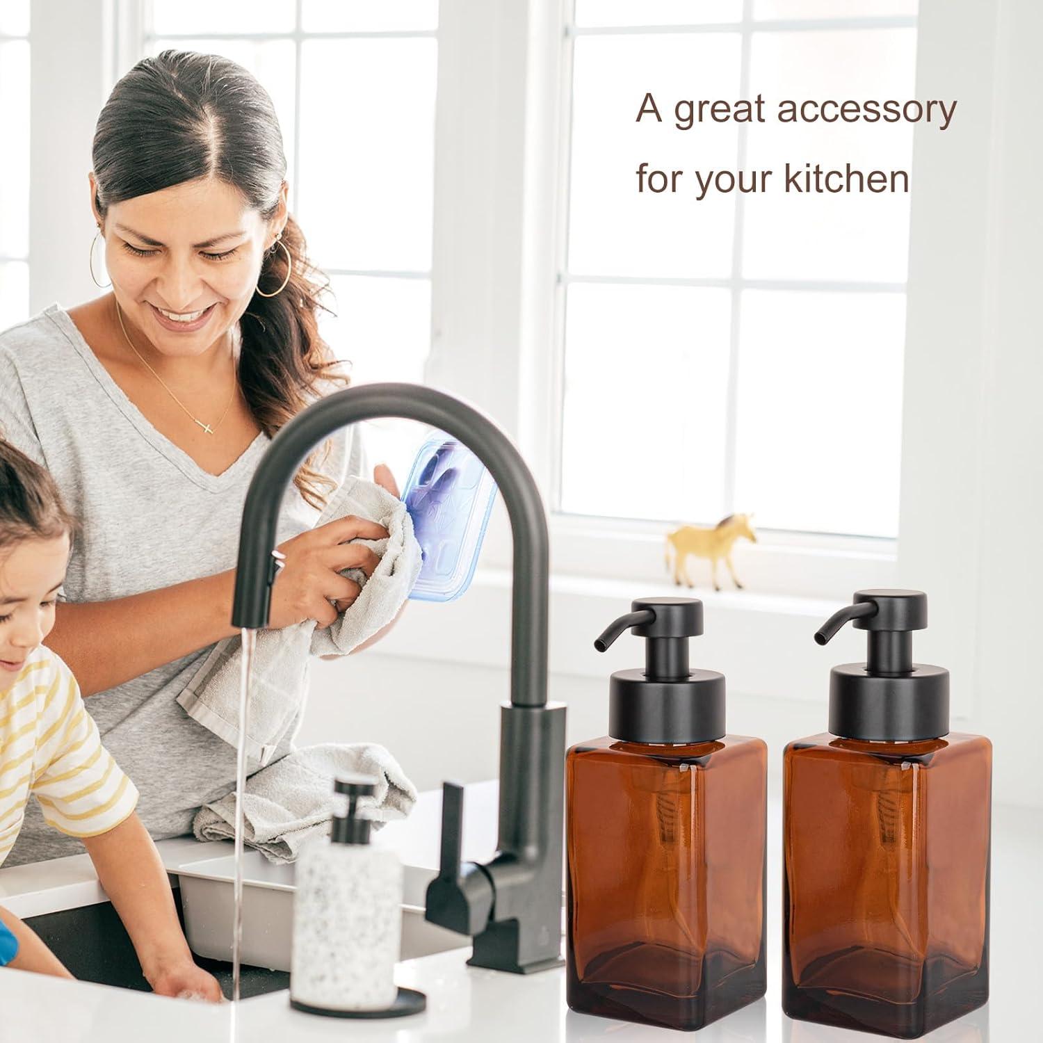 imageFoaming Soap Dispenser with Stainless Steel Pump 12oz Refillable Glass Liquid Dish Soap Bottles for Bathroom Kitchen Sink Home DecorCamber