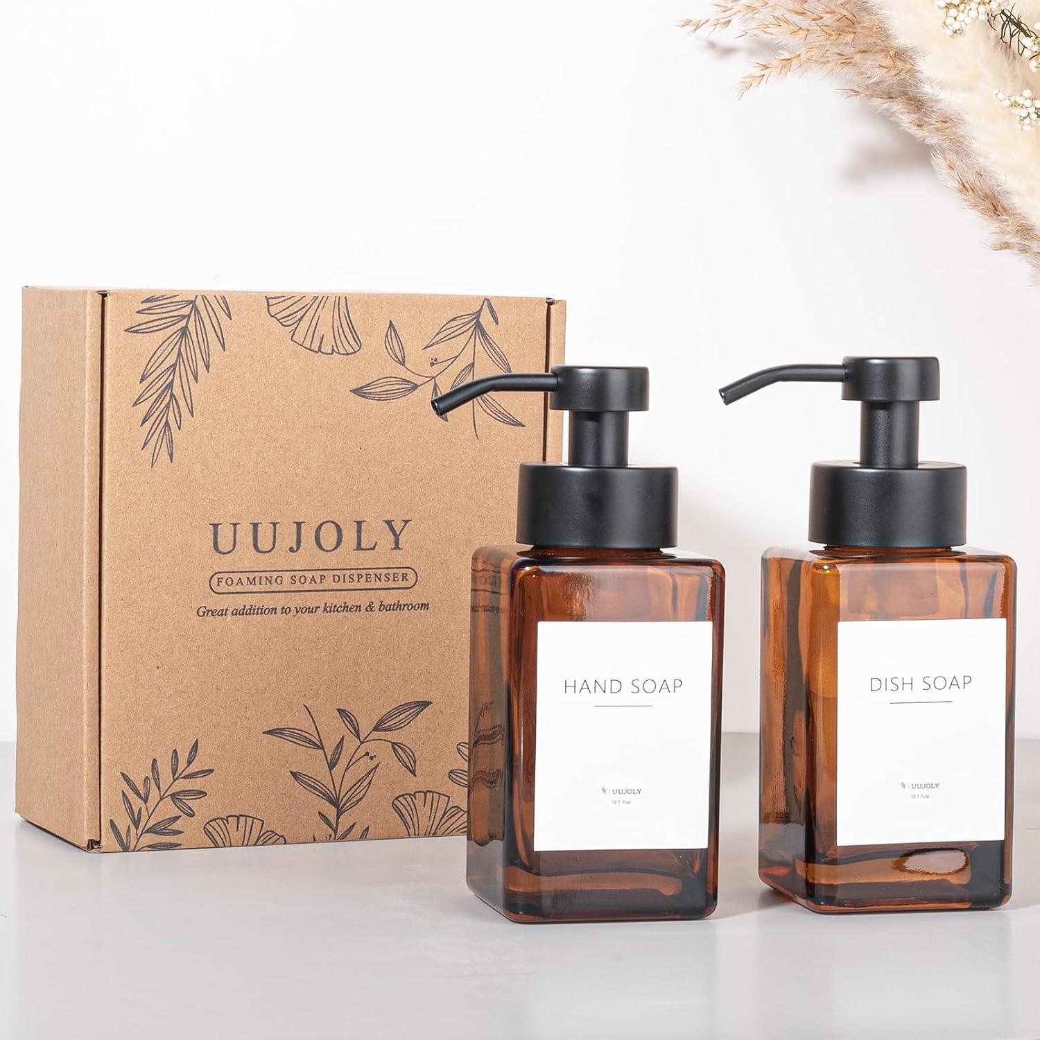 imageFoaming Soap Dispenser with Stainless Steel Pump 12oz Refillable Glass Liquid Dish Soap Bottles for Bathroom Kitchen Sink Home DecorCamber