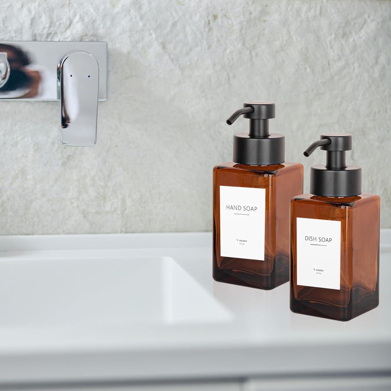 imageFoaming Soap Dispenser with Stainless Steel Pump 12oz Refillable Glass Liquid Dish Soap Bottles for Bathroom Kitchen Sink Home DecorCamber