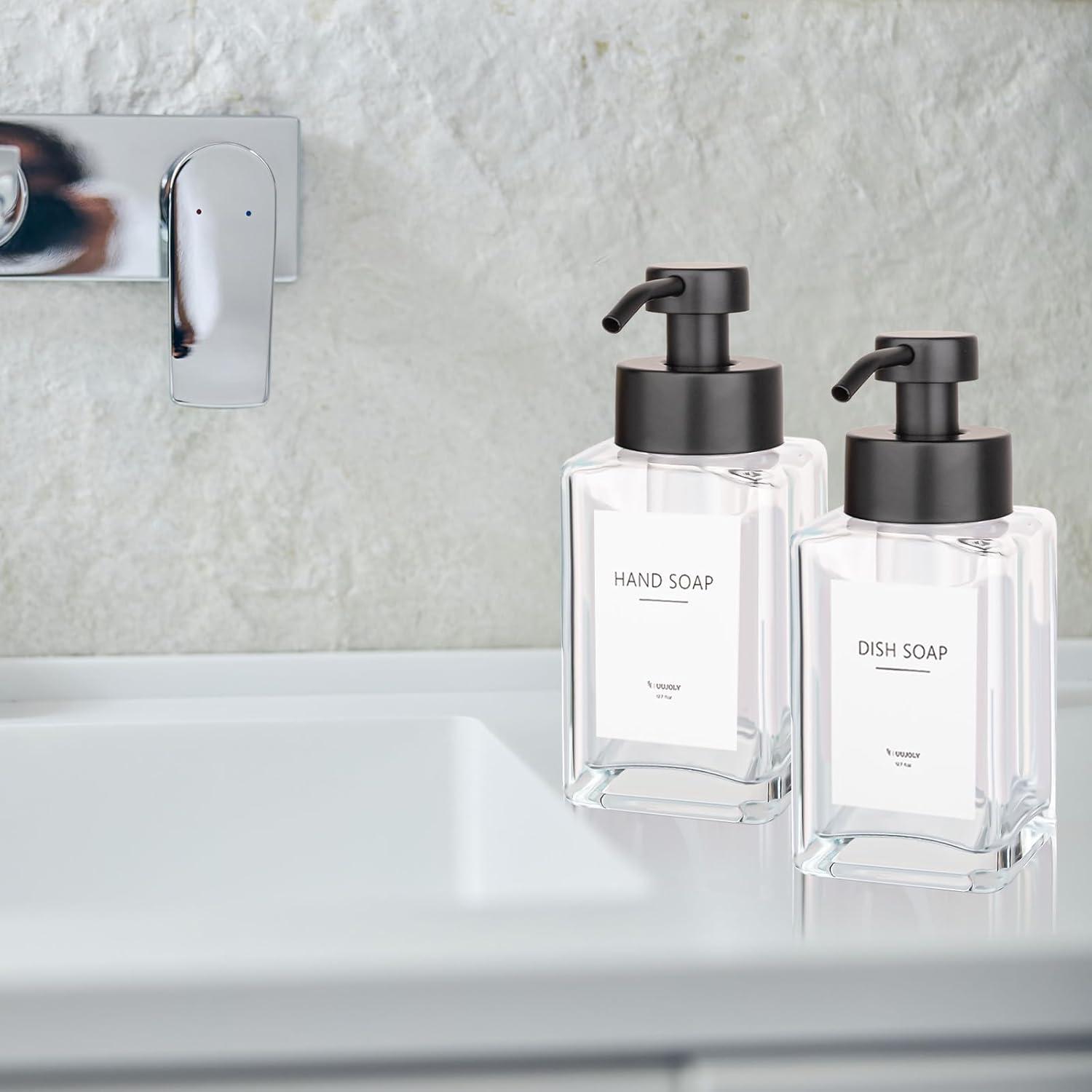 imageFoaming Soap Dispenser with Stainless Steel Pump 12oz Refillable Glass Liquid Dish Soap Bottles for Bathroom Kitchen Sink Home DecorCclear