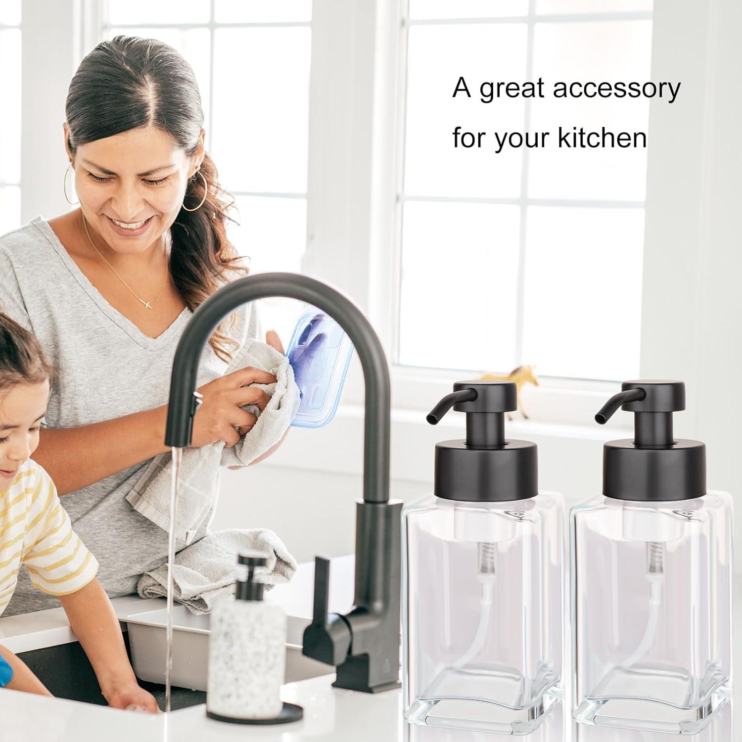 imageFoaming Soap Dispenser with Stainless Steel Pump 12oz Refillable Glass Liquid Dish Soap Bottles for Bathroom Kitchen Sink Home DecorCclear