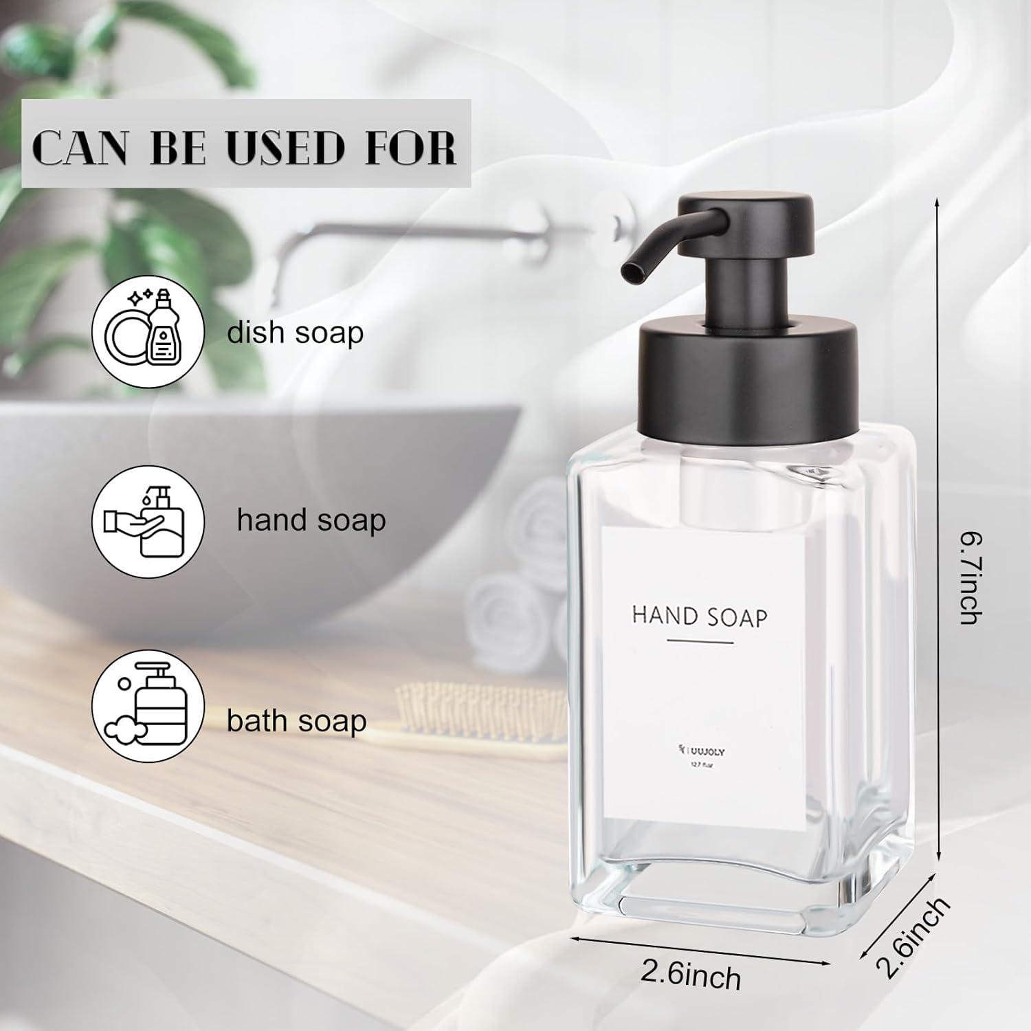 imageFoaming Soap Dispenser with Stainless Steel Pump 12oz Refillable Glass Liquid Dish Soap Bottles for Bathroom Kitchen Sink Home DecorCclear