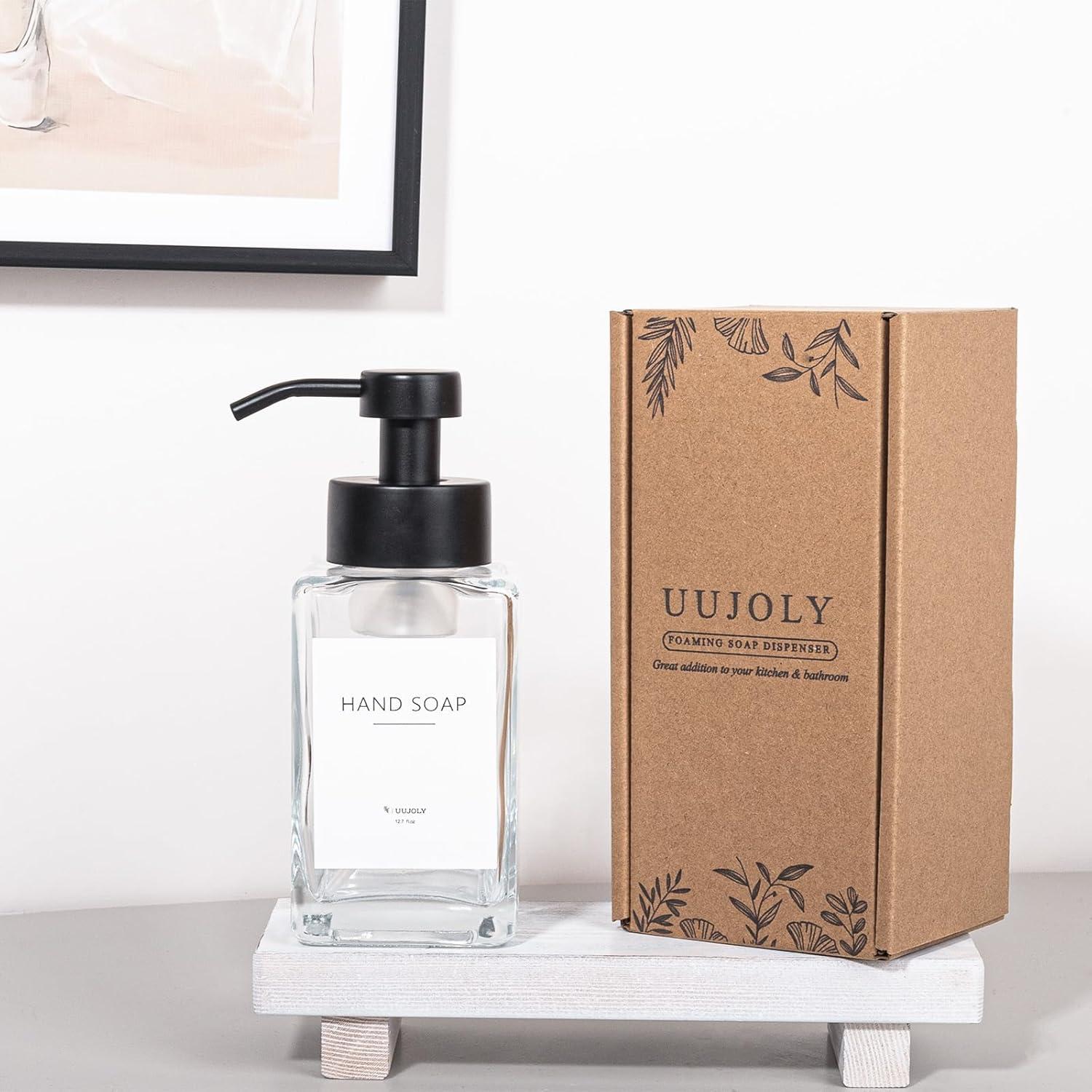 imageFoaming Soap Dispenser with Stainless Steel Pump 12oz Refillable Glass Liquid Dish Soap Bottles for Bathroom Kitchen Sink Home DecorCclear