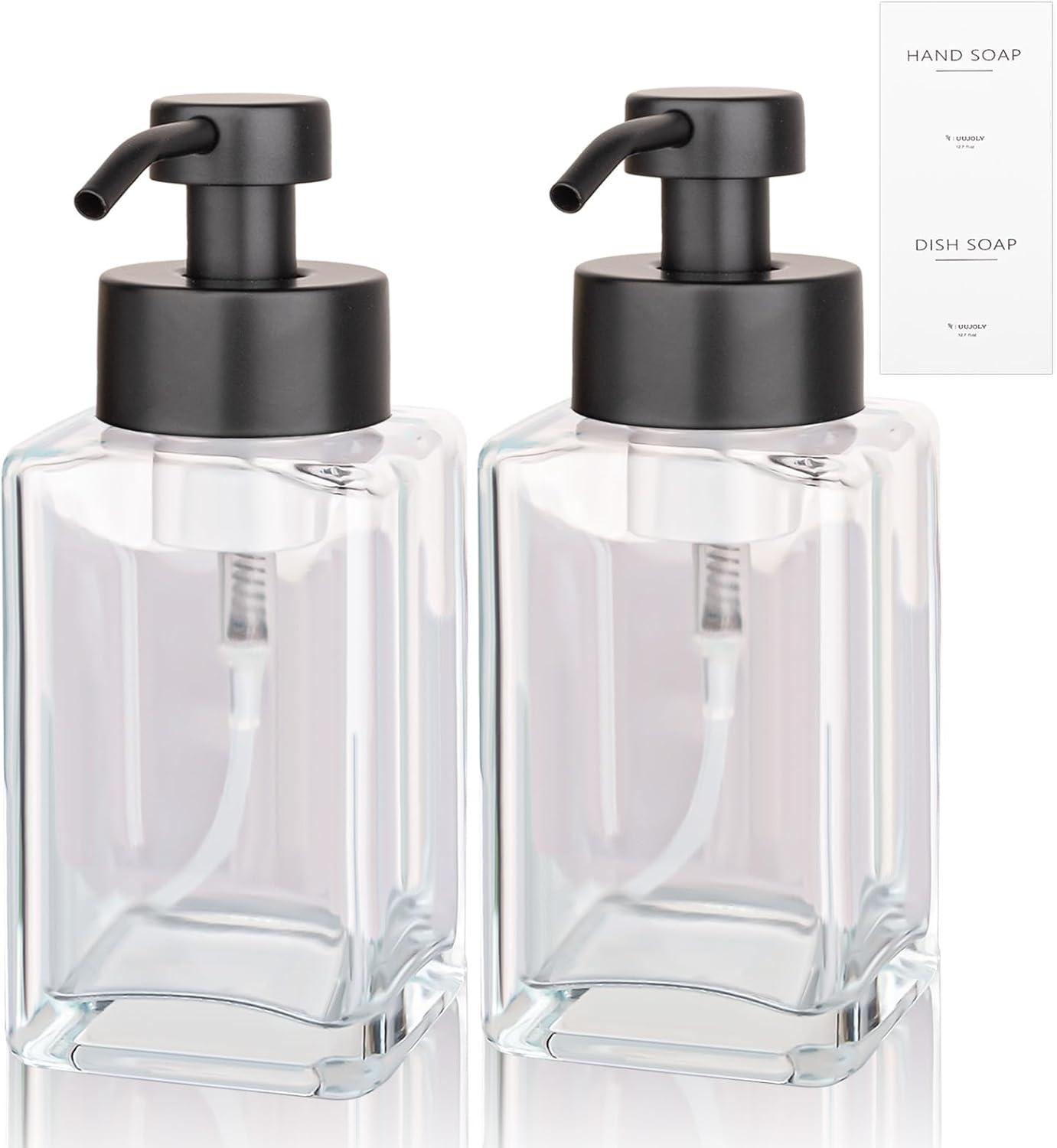 imageFoaming Soap Dispenser with Stainless Steel Pump 12oz Refillable Glass Liquid Dish Soap Bottles for Bathroom Kitchen Sink Home DecorCclear