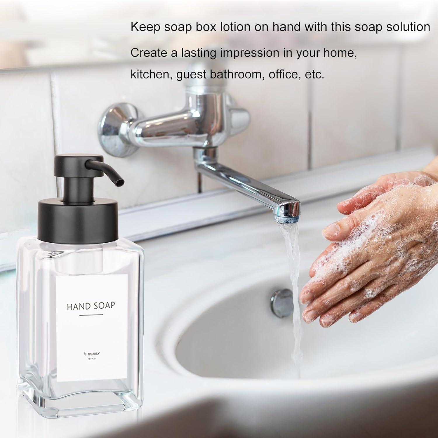 imageFoaming Soap Dispenser with Stainless Steel Pump 12oz Refillable Glass Liquid Dish Soap Bottles for Bathroom Kitchen Sink Home DecorCclear