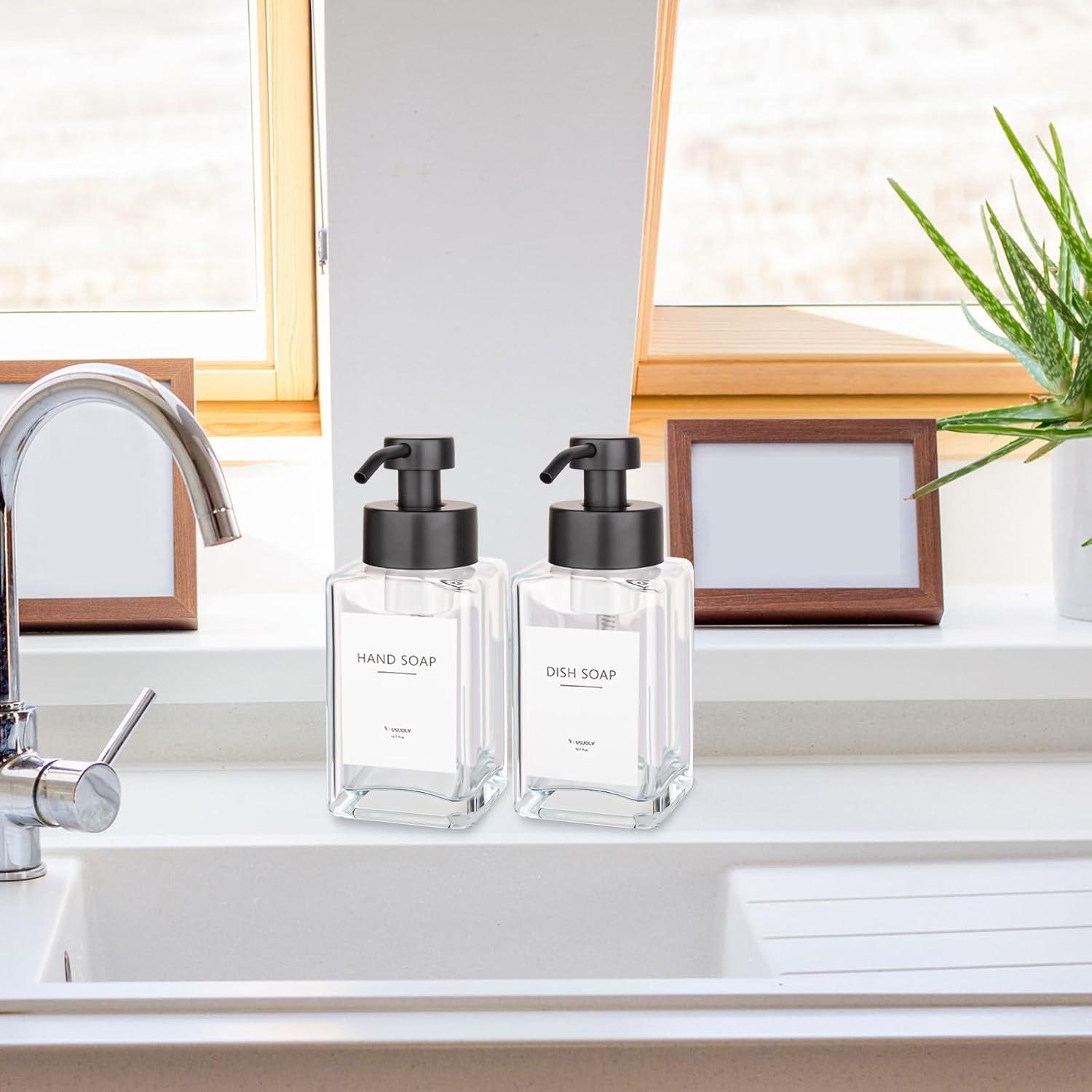 imageFoaming Soap Dispenser with Stainless Steel Pump 12oz Refillable Glass Liquid Dish Soap Bottles for Bathroom Kitchen Sink Home DecorCclear