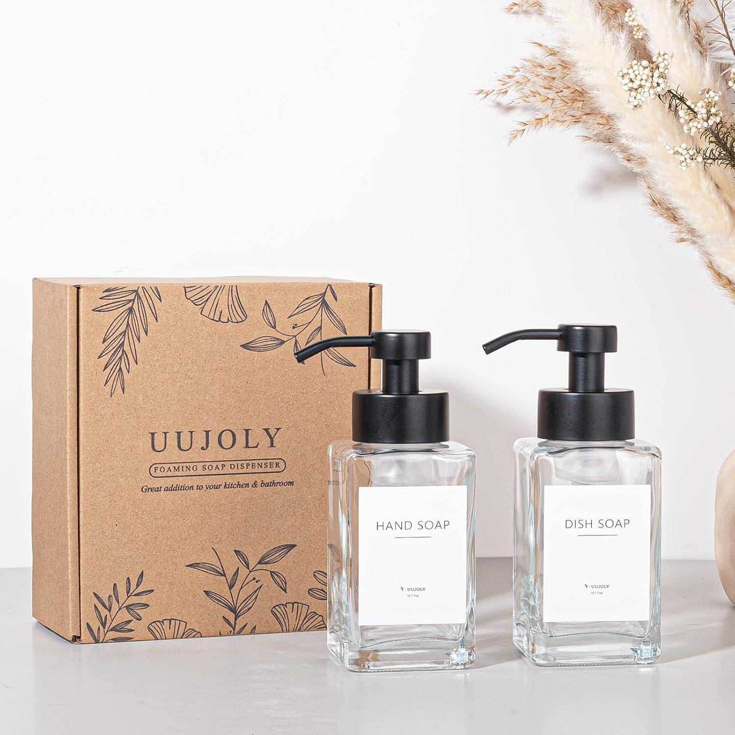 imageFoaming Soap Dispenser with Stainless Steel Pump 12oz Refillable Glass Liquid Dish Soap Bottles for Bathroom Kitchen Sink Home DecorCclear