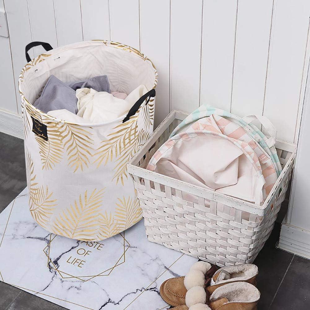 imageUUJOLY Collapsible Laundry Basket Laundry Hamper with Handles Waterproof Round Cotton Linen Laundry Hamper Printing Household Organizer Basket 197x157 inches Gold leafGold leaf