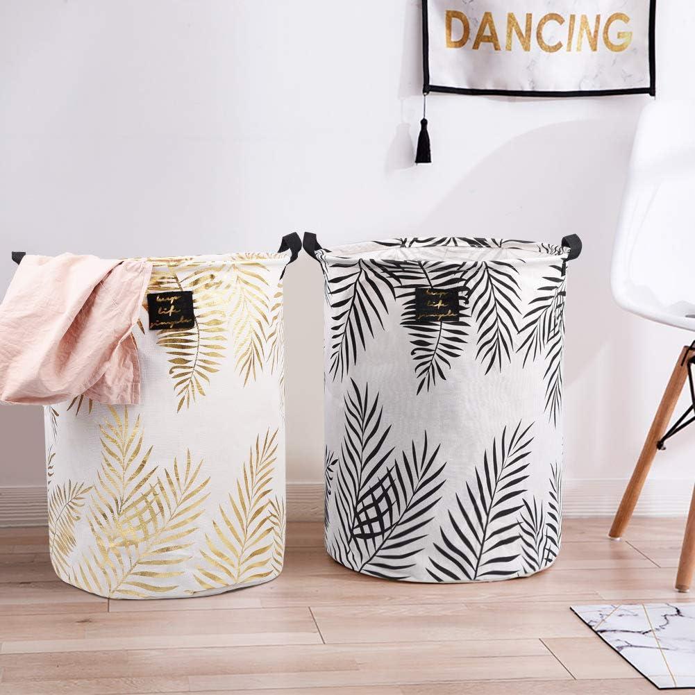 imageUUJOLY Collapsible Laundry Basket Laundry Hamper with Handles Waterproof Round Cotton Linen Laundry Hamper Printing Household Organizer Basket 197x157 inches Gold leafGold leaf