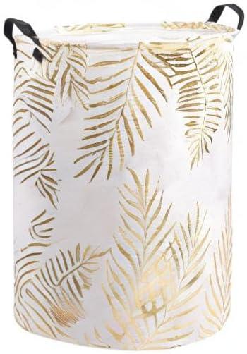 imageUUJOLY Collapsible Laundry Basket Laundry Hamper with Handles Waterproof Round Cotton Linen Laundry Hamper Printing Household Organizer Basket 197x157 inches Gold leafGold leaf
