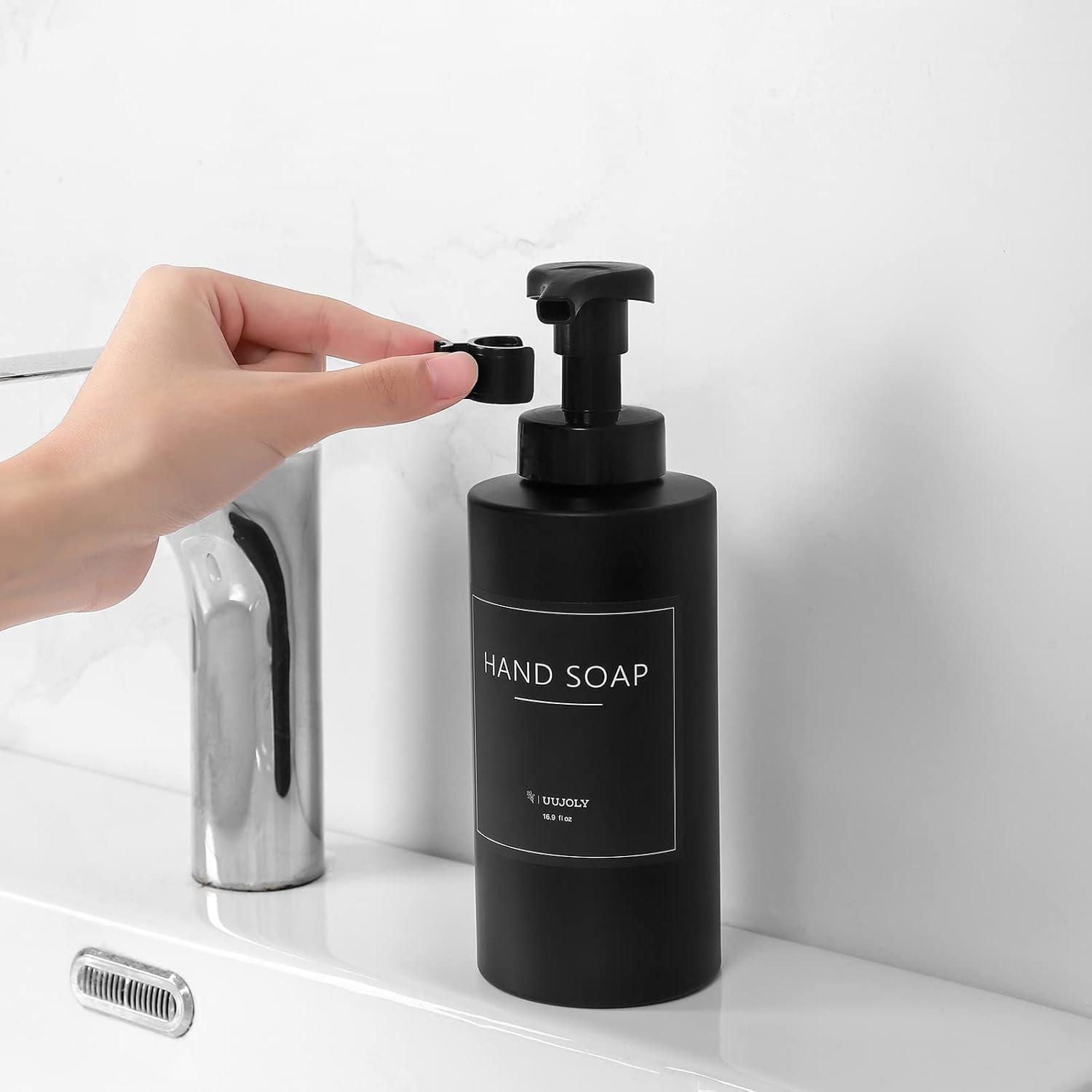 imageUUJOLY Foaming Soap Dispenser 17 OZ Refillable Plastic Soap Pump Bottle for Liquid Soap Shampoo Body Wash 2 Pcs ClearBlack