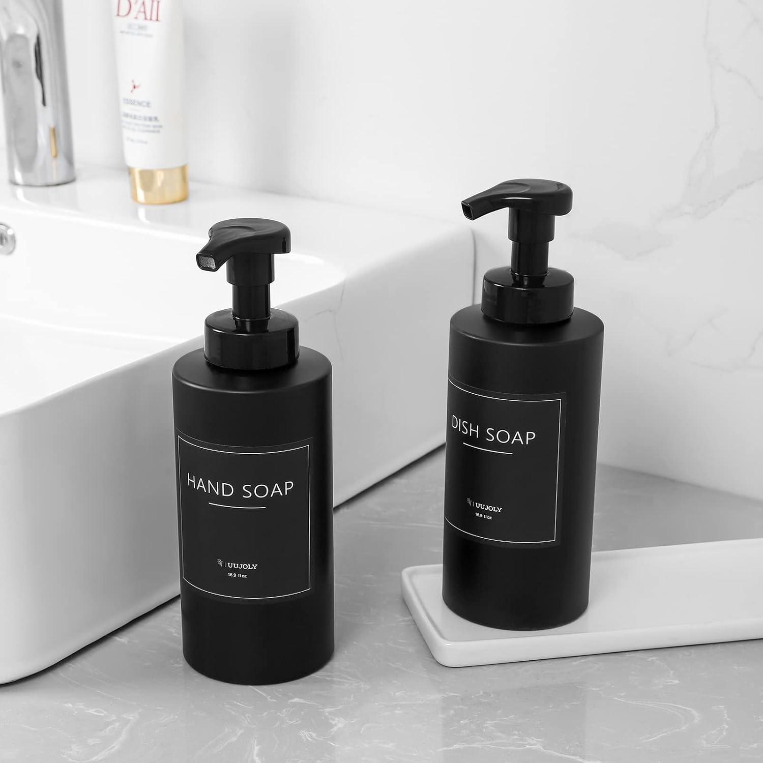 imageUUJOLY Foaming Soap Dispenser 17 OZ Refillable Plastic Soap Pump Bottle for Liquid Soap Shampoo Body Wash 2 Pcs ClearBlack