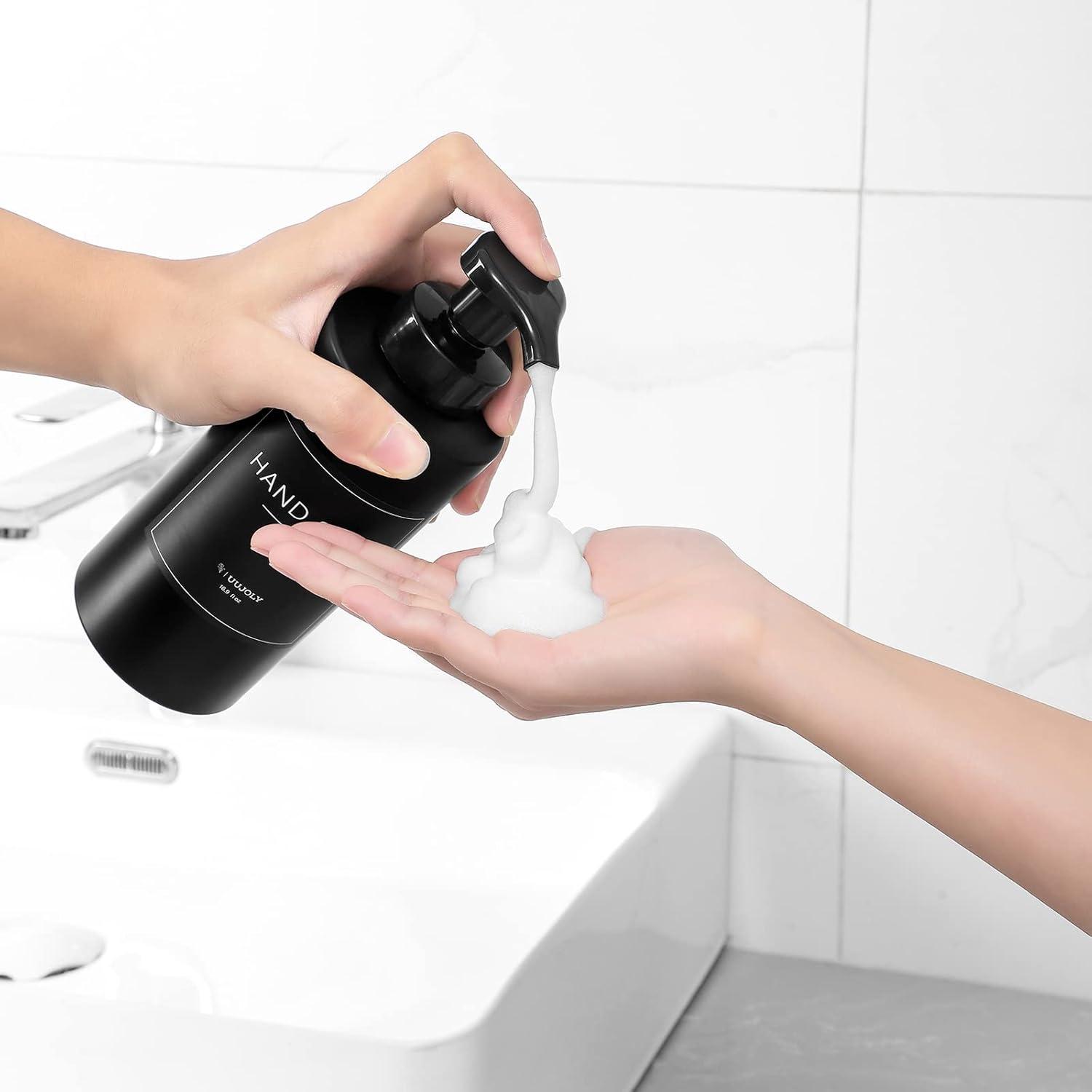 imageUUJOLY Foaming Soap Dispenser 17 OZ Refillable Plastic Soap Pump Bottle for Liquid Soap Shampoo Body Wash 2 Pcs ClearBlack