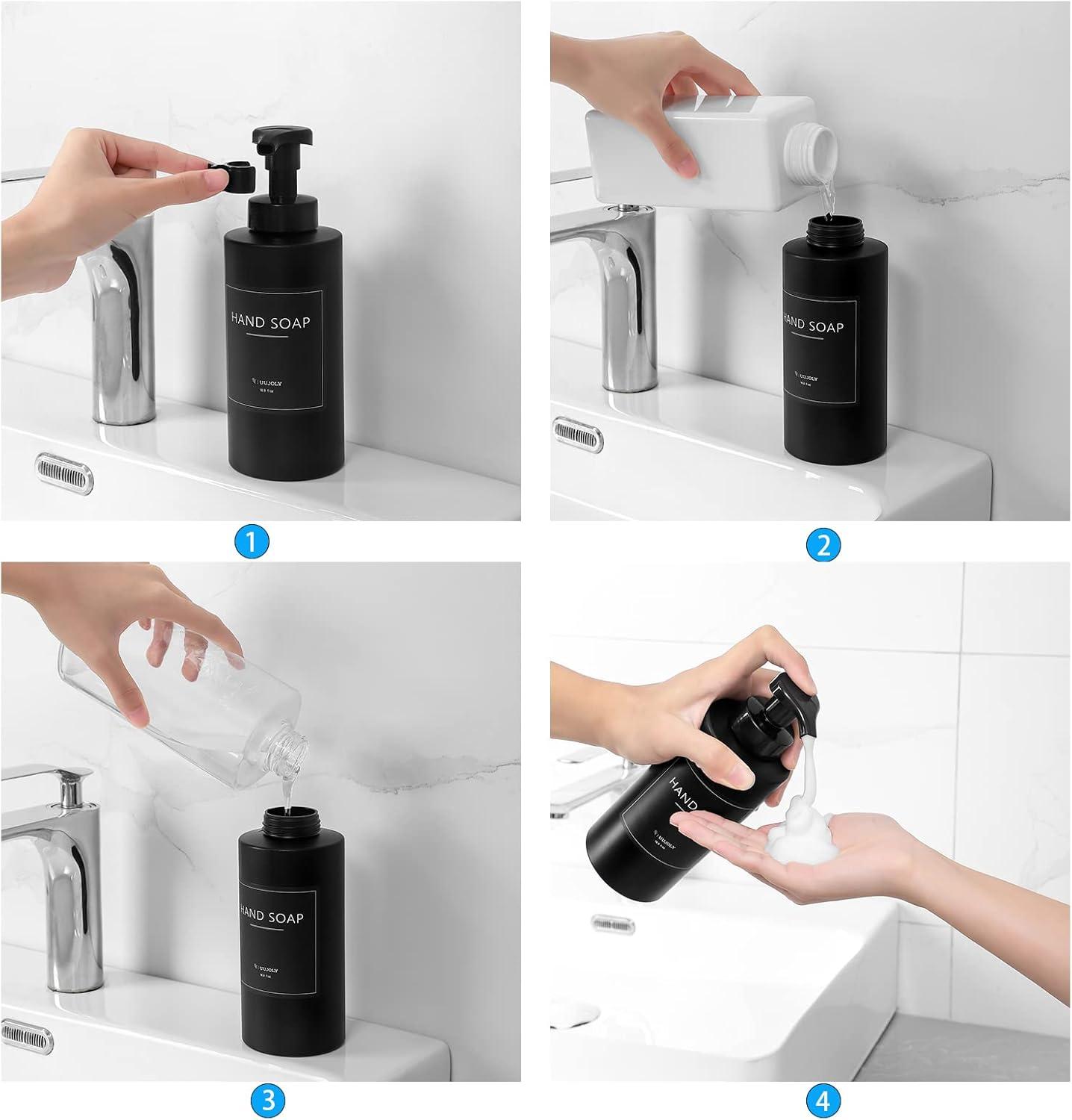 imageUUJOLY Foaming Soap Dispenser 17 OZ Refillable Plastic Soap Pump Bottle for Liquid Soap Shampoo Body Wash 2 Pcs ClearBlack