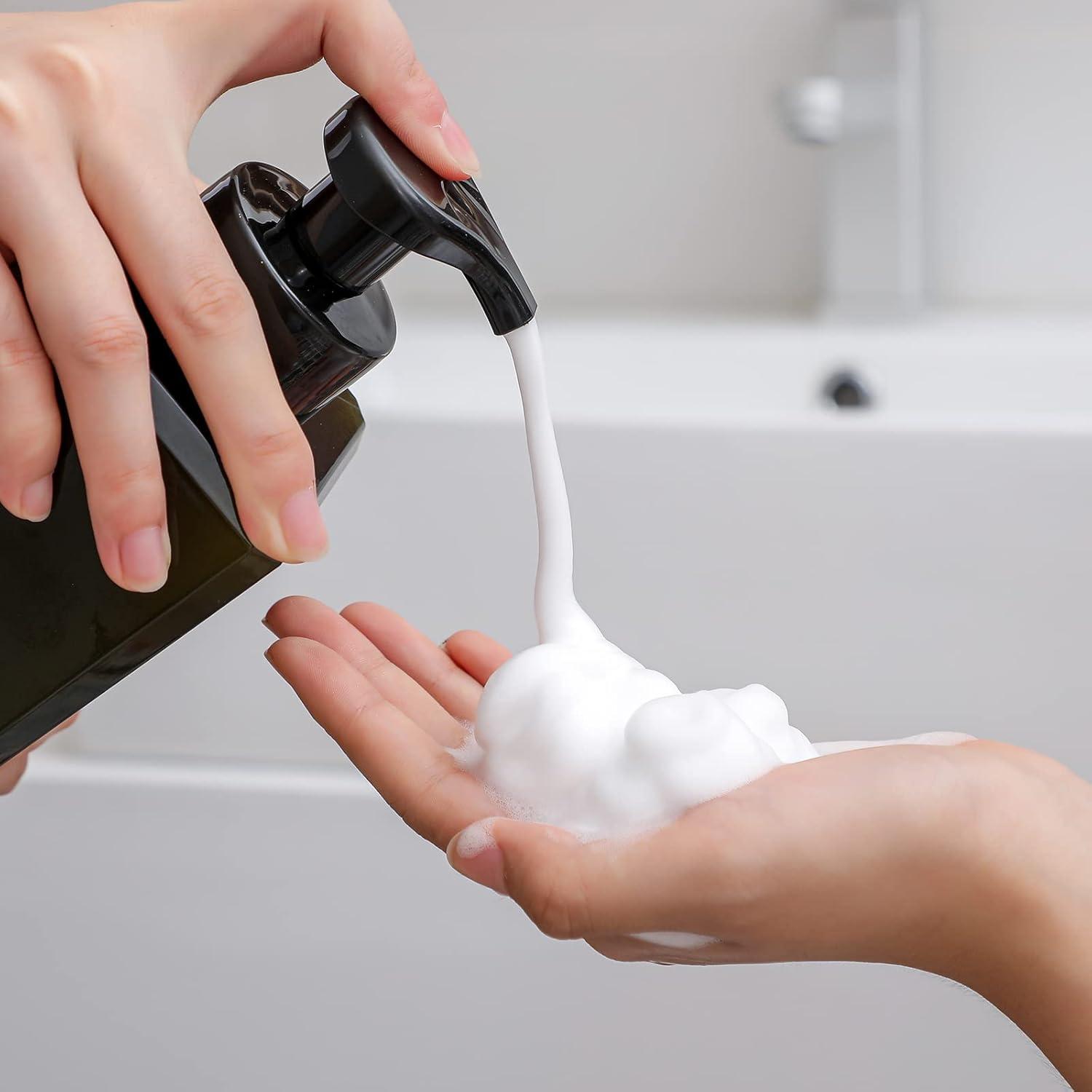 imageUUJOLY Foaming Soap Dispenser 450ml 15oz Refillable Pump Bottle Plastic for Liquid Soap Shampoo Body Wash 2 Pcs AmberGreen