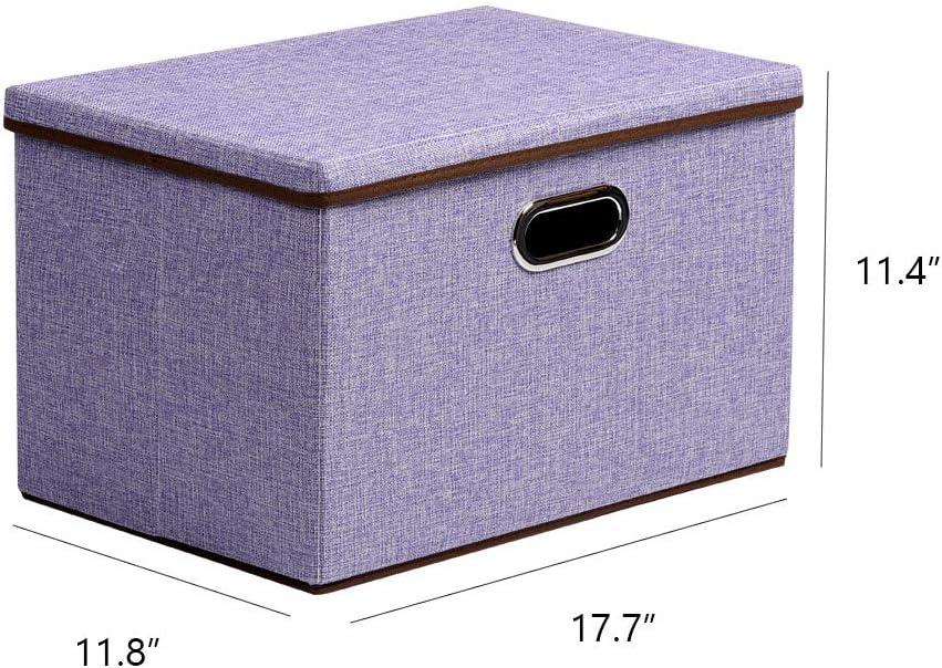 imageUUJOLY Large Storage Bins Linen Fabric Foldable Basket Cubes Organizer Storage Box Drawer with Lid and Handles for Home Office Closet Bedroom Nursery GrayhPurple