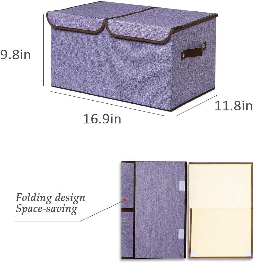 imageUUJOLY Large Storage Bins Linen Fabric Foldable Basket Cubes Organizer Storage Box Drawer with Lid and Handles for Home Office Closet Bedroom Nursery GrayPurple