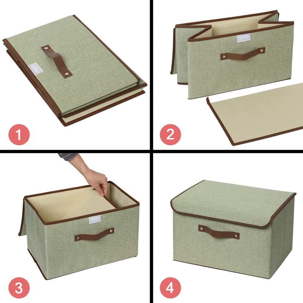imageUUJOLY Large Storage Bins Linen Fabric Foldable Basket Cubes Organizer Storage Box Drawer with Lid and Handles for Home Office Closet Bedroom Nursery Grays2Green