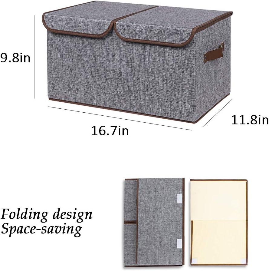 imageUUJOLY Large Storage Bins Linen Fabric Foldable Basket Cubes Organizer Storage Box Drawer with Lid and Handles for Home Office Closet Bedroom Nursery GrayGray