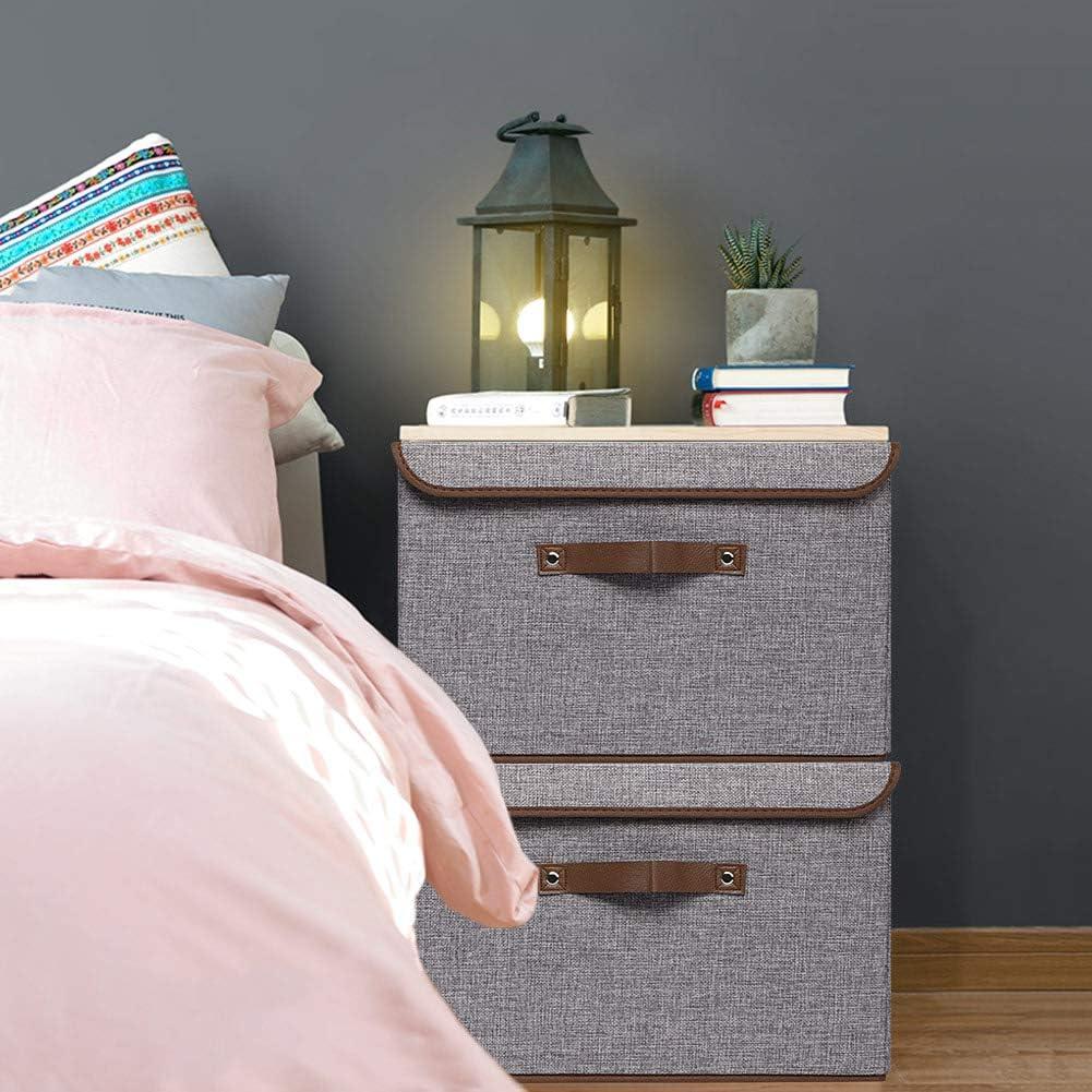 imageUUJOLY Large Storage Bins Linen Fabric Foldable Basket Cubes Organizer Storage Box Drawer with Lid and Handles for Home Office Closet Bedroom Nursery GrayGreysigle