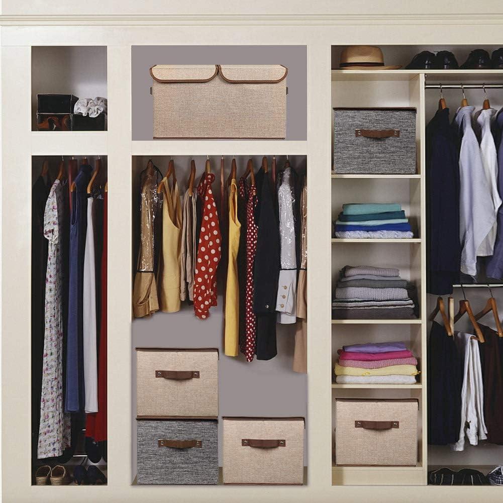 imageUUJOLY Large Storage Bins Linen Fabric Foldable Basket Cubes Organizer Storage Box Drawer with Lid and Handles for Home Office Closet Bedroom Nursery GrayKhaki