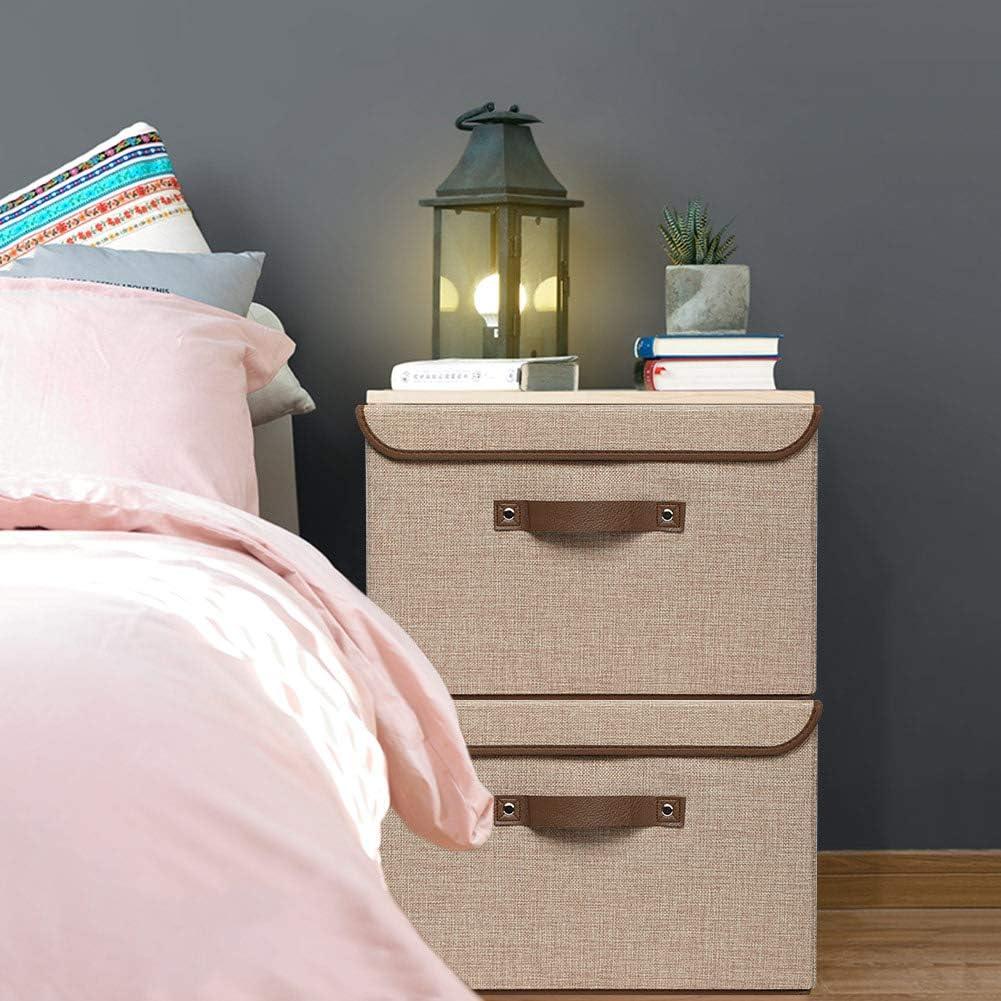 imageUUJOLY Large Storage Bins Linen Fabric Foldable Basket Cubes Organizer Storage Box Drawer with Lid and Handles for Home Office Closet Bedroom Nursery Grays2Khaki