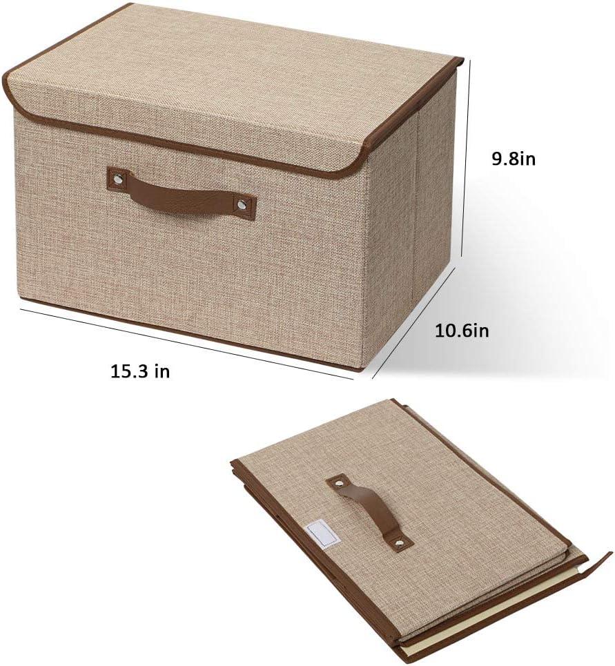 imageUUJOLY Large Storage Bins Linen Fabric Foldable Basket Cubes Organizer Storage Box Drawer with Lid and Handles for Home Office Closet Bedroom Nursery Grays2Khaki