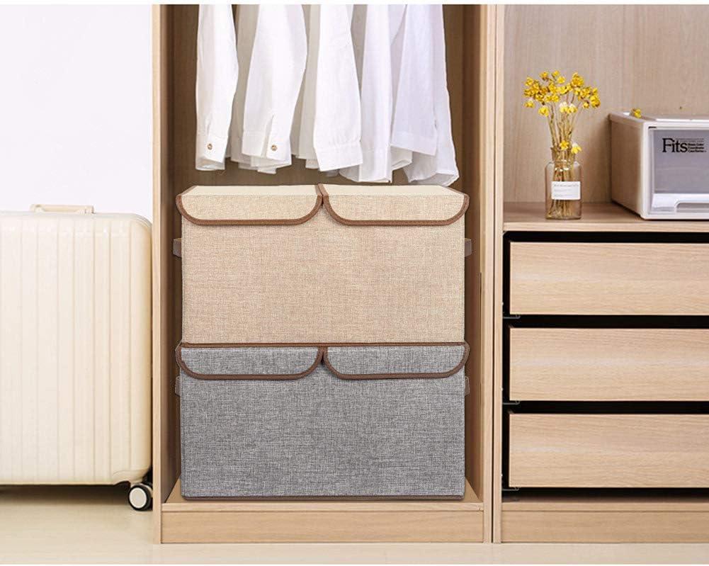 imageUUJOLY Large Storage Bins Linen Fabric Foldable Basket Cubes Organizer Storage Box Drawer with Lid and Handles for Home Office Closet Bedroom Nursery GrayKhaki