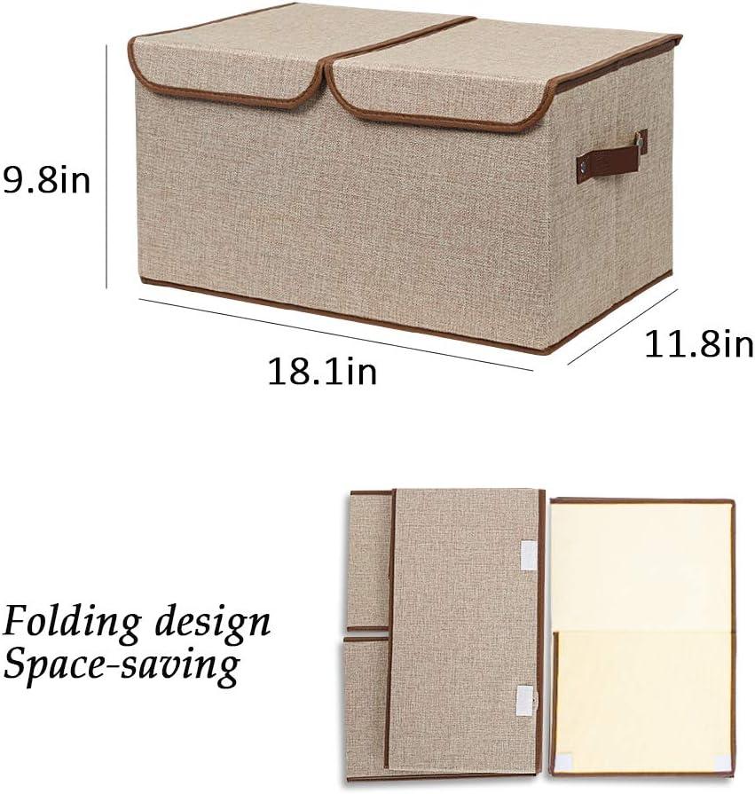 imageUUJOLY Large Storage Bins Linen Fabric Foldable Basket Cubes Organizer Storage Box Drawer with Lid and Handles for Home Office Closet Bedroom Nursery GrayKhaki