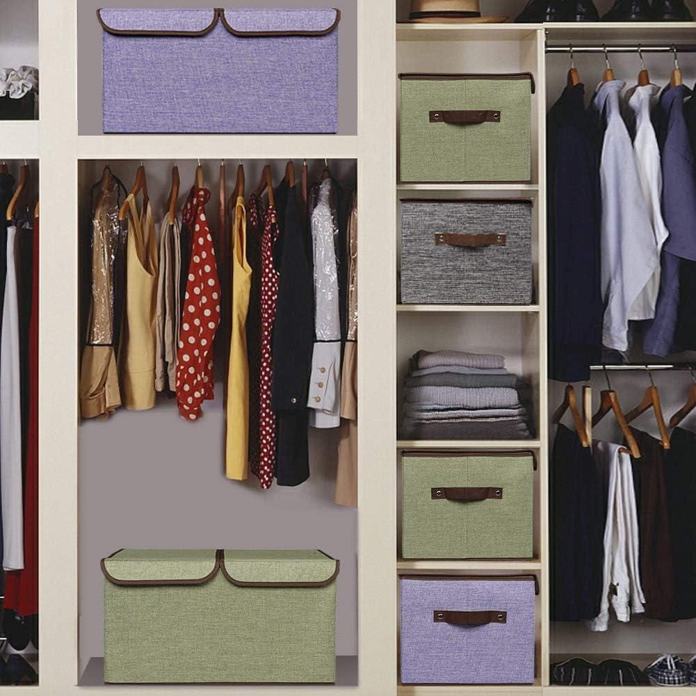 imageUUJOLY Large Storage Bins Linen Fabric Foldable Basket Cubes Organizer Storage Box Drawer with Lid and Handles for Home Office Closet Bedroom Nursery GrayGreen