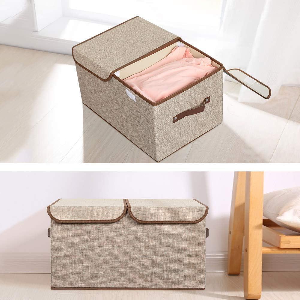 imageUUJOLY Large Storage Bins Linen Fabric Foldable Basket Cubes Organizer Storage Box Drawer with Lid and Handles for Home Office Closet Bedroom Nursery GrayKhaki