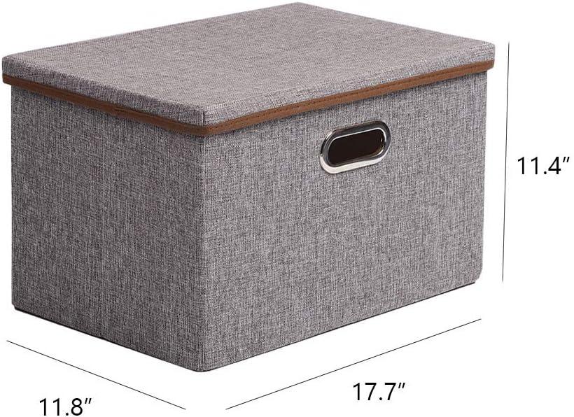 imageUUJOLY Large Storage Bins Linen Fabric Foldable Basket Cubes Organizer Storage Box Drawer with Lid and Handles for Home Office Closet Bedroom Nursery GrayhGrey