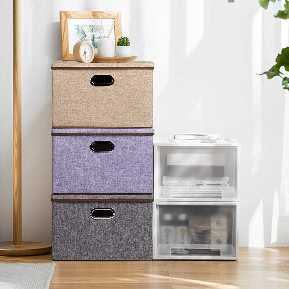 imageUUJOLY Large Storage Bins Linen Fabric Foldable Basket Cubes Organizer Storage Box Drawer with Lid and Handles for Home Office Closet Bedroom Nursery GrayhGrey