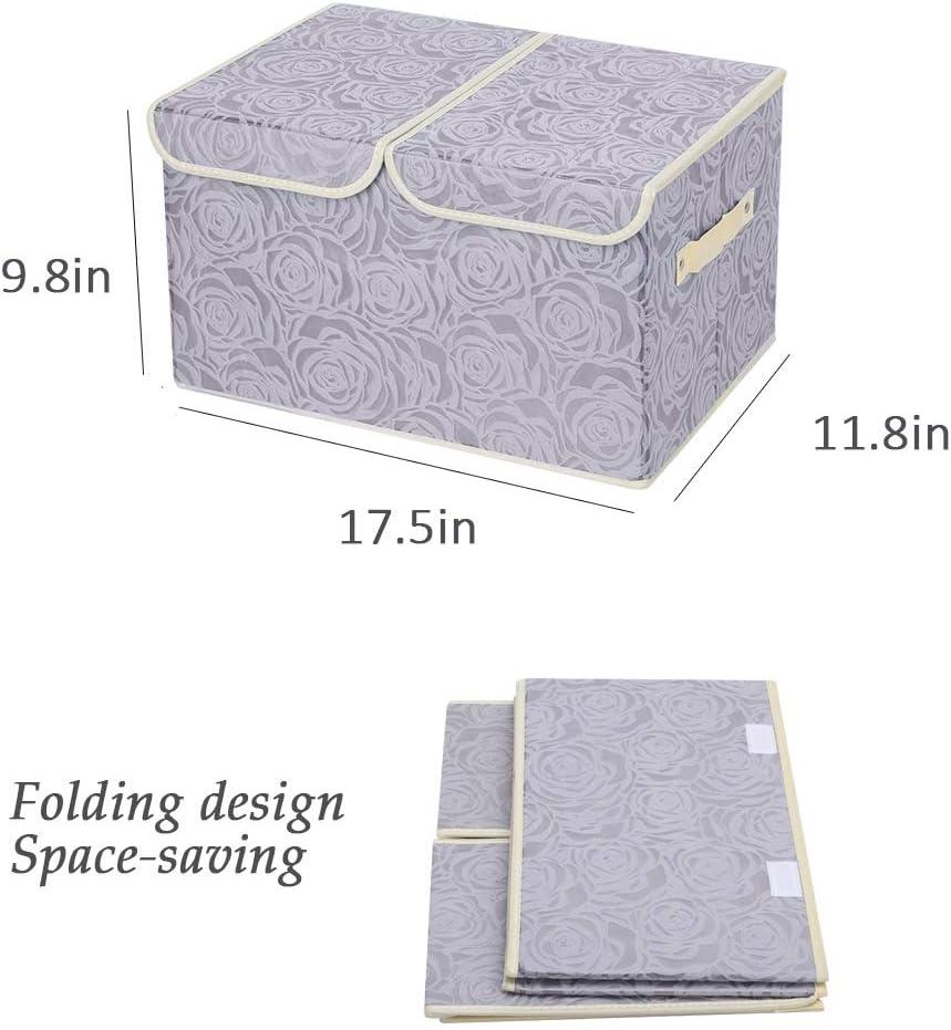 imageUUJOLY Large Storage Bins Linen Fabric Foldable Basket Cubes Organizer Storage Box Drawer with Lid and Handles for Home Office Closet Bedroom Nursery GrayRoseGrey