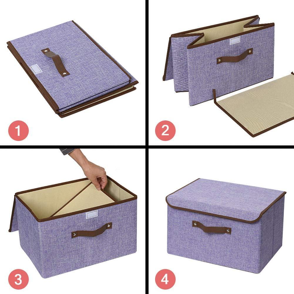 imageUUJOLY Large Storage Bins Linen Fabric Foldable Basket Cubes Organizer Storage Box Drawer with Lid and Handles for Home Office Closet Bedroom Nursery Grays2Purple