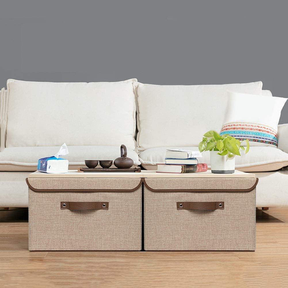 imageUUJOLY Large Storage Bins Linen Fabric Foldable Basket Cubes Organizer Storage Box Drawer with Lid and Handles for Home Office Closet Bedroom Nursery Grays2Khaki