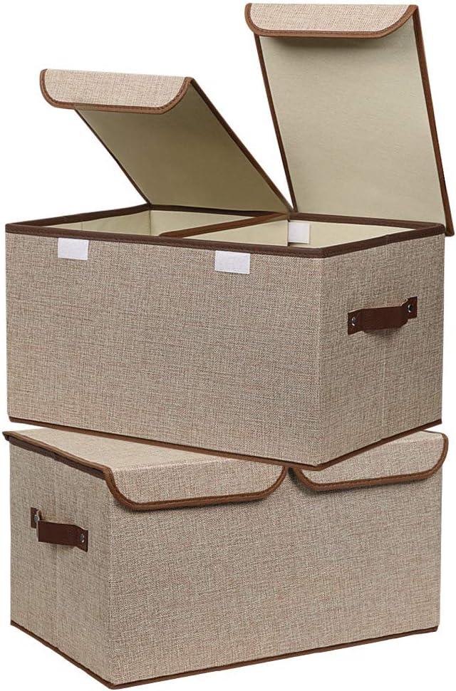imageUUJOLY Large Storage Bins Linen Fabric Foldable Basket Cubes Organizer Storage Box Drawer with Lid and Handles for Home Office Closet Bedroom NurseryPurpleKhaki