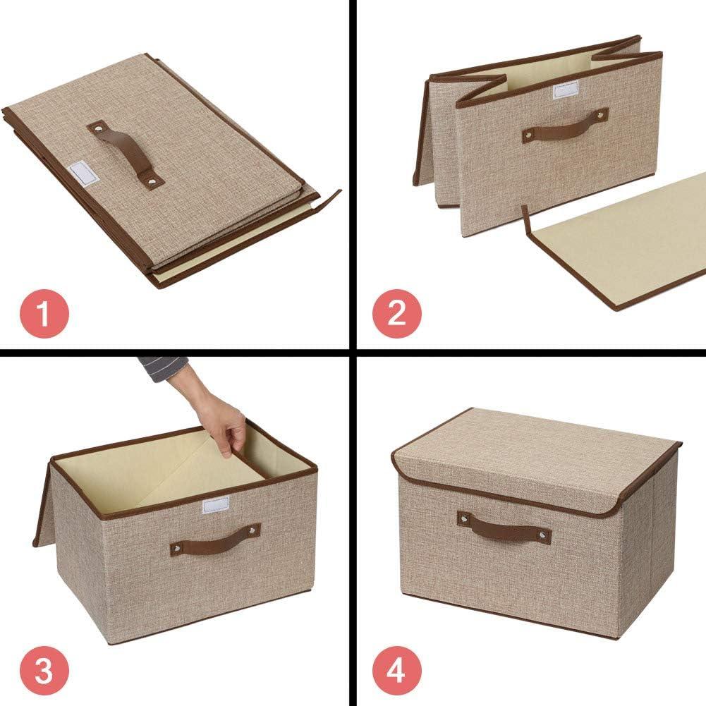 imageUUJOLY Large Storage Bins Linen Fabric Foldable Basket Cubes Organizer Storage Box Drawer with Lid and Handles for Home Office Closet Bedroom NurseryPurples2Khaki