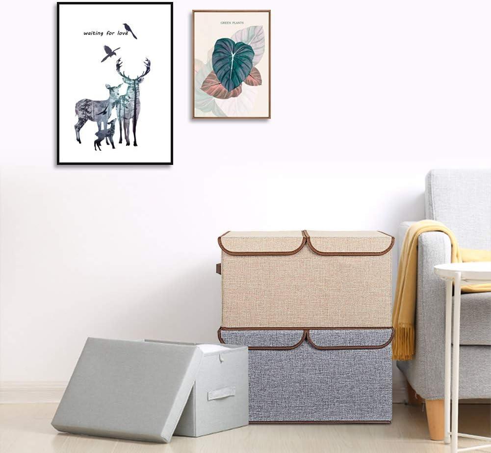imageUUJOLY Large Storage Bins Linen Fabric Foldable Basket Cubes Organizer Storage Box Drawer with Lid and Handles for Home Office Closet Bedroom NurseryPurpleKhaki