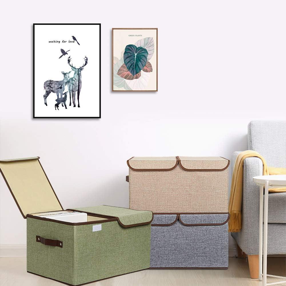 imageUUJOLY Large Storage Bins Linen Fabric Foldable Basket Cubes Organizer Storage Box Drawer with Lid and Handles for Home Office Closet Bedroom NurseryPurpleGreen