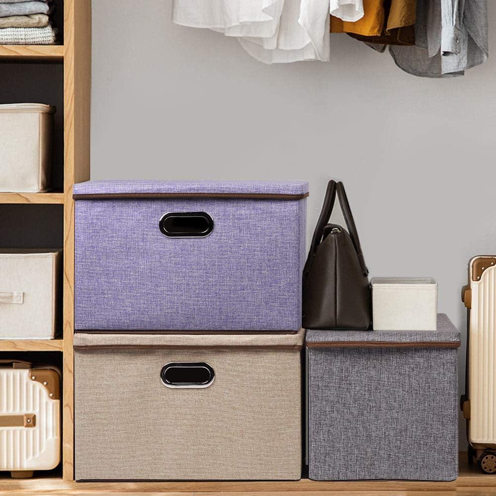 imageUUJOLY Large Storage Bins Linen Fabric Foldable Basket Cubes Organizer Storage Box Drawer with Lid and Handles for Home Office Closet Bedroom NurseryPurplehPurple