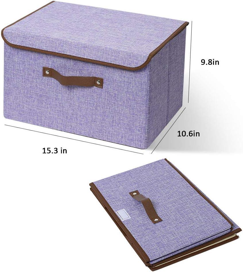 imageUUJOLY Large Storage Bins Linen Fabric Foldable Basket Cubes Organizer Storage Box Drawer with Lid and Handles for Home Office Closet Bedroom NurseryPurples2Purple