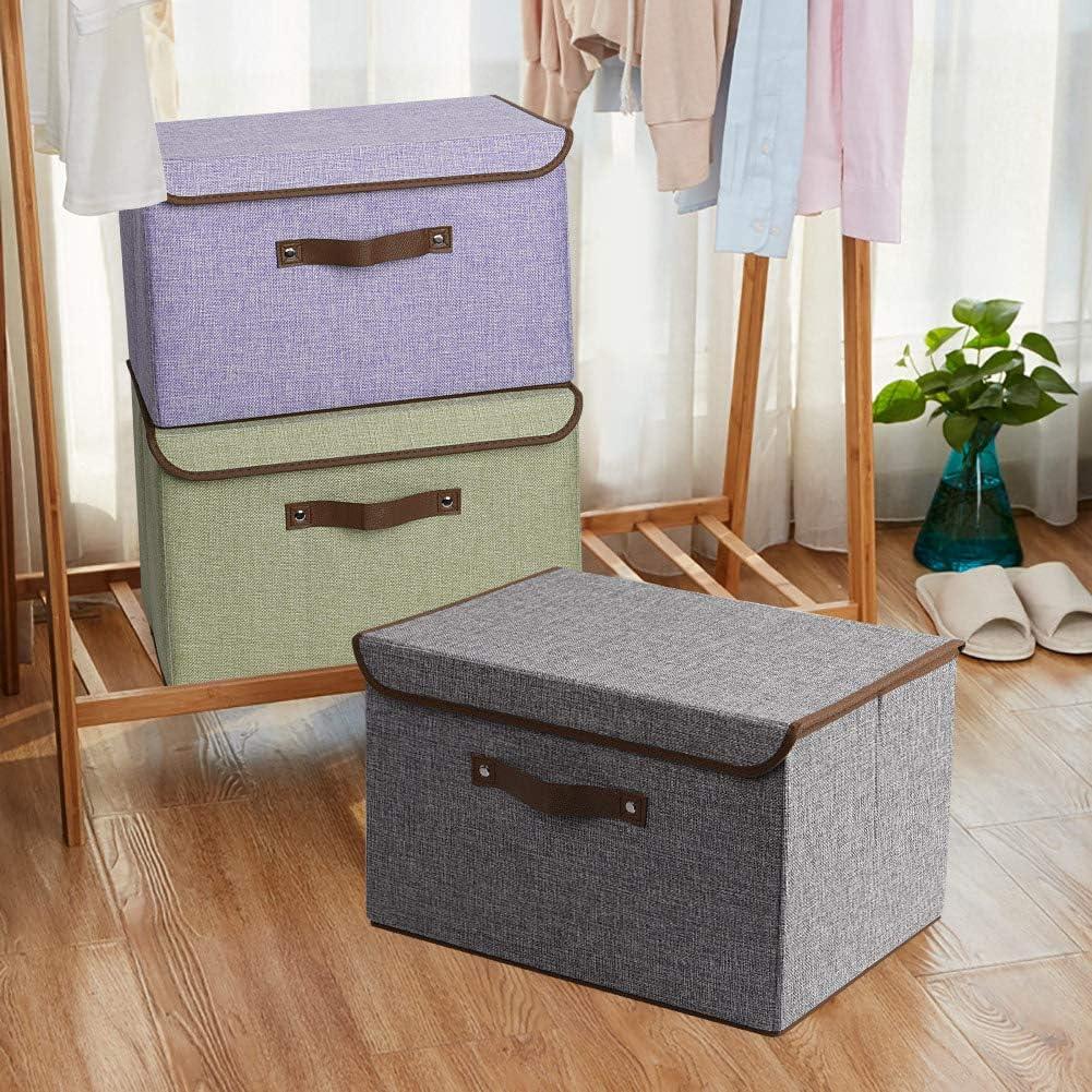 imageUUJOLY Large Storage Bins Linen Fabric Foldable Basket Cubes Organizer Storage Box Drawer with Lid and Handles for Home Office Closet Bedroom NurseryPurples2Purple