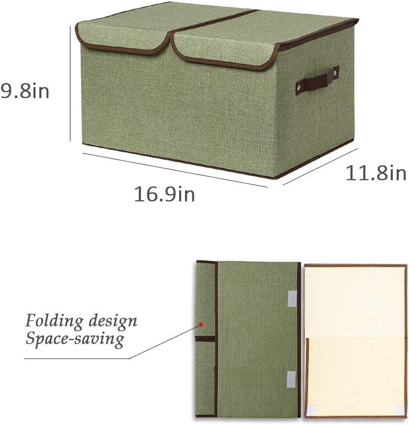 imageUUJOLY Large Storage Bins Linen Fabric Foldable Basket Cubes Organizer Storage Box Drawer with Lid and Handles for Home Office Closet Bedroom NurseryPurpleGreen