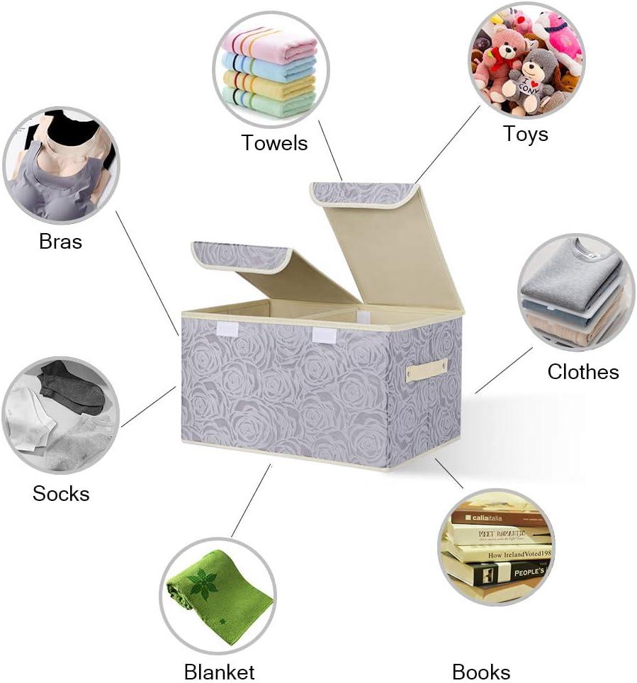 imageUUJOLY Large Storage Bins Linen Fabric Foldable Basket Cubes Organizer Storage Box Drawer with Lid and Handles for Home Office Closet Bedroom NurseryPurpleRoseGrey