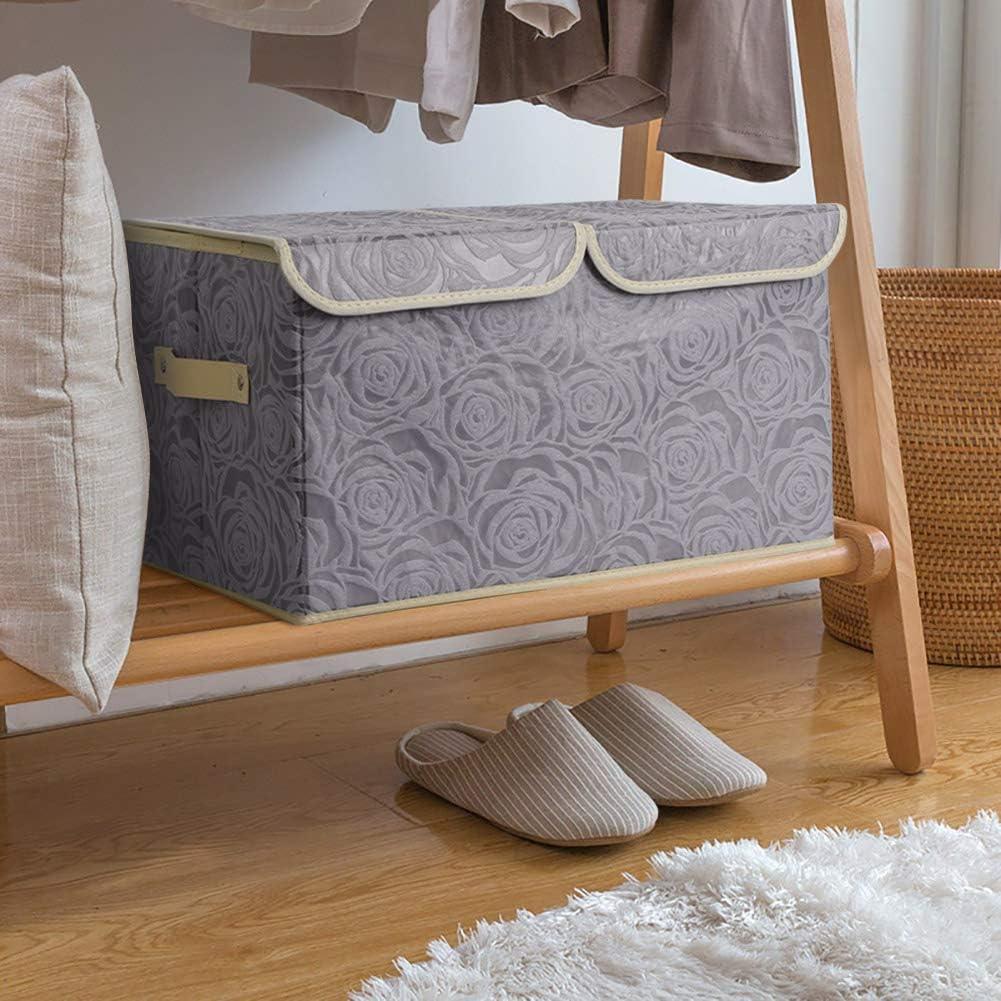 imageUUJOLY Large Storage Bins Linen Fabric Foldable Basket Cubes Organizer Storage Box Drawer with Lid and Handles for Home Office Closet Bedroom NurseryPurpleRoseGrey