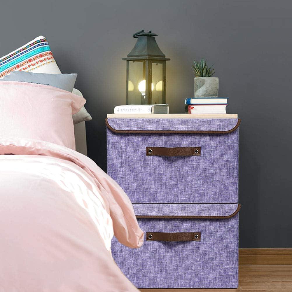 imageUUJOLY Large Storage Bins Linen Fabric Foldable Basket Cubes Organizer Storage Box Drawer with Lid and Handles for Home Office Closet Bedroom NurseryPurples2Purple