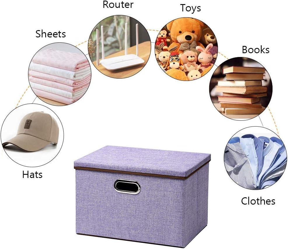 imageUUJOLY Large Storage Bins Linen Fabric Foldable Basket Cubes Organizer Storage Box Drawer with Lid and Handles for Home Office Closet Bedroom NurseryPurplehPurple
